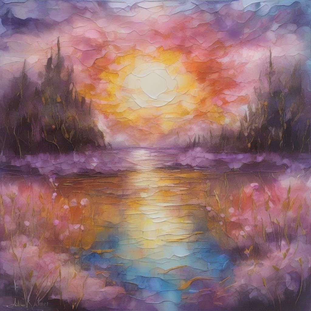Surreal Sunset Landscape in Impasto Style