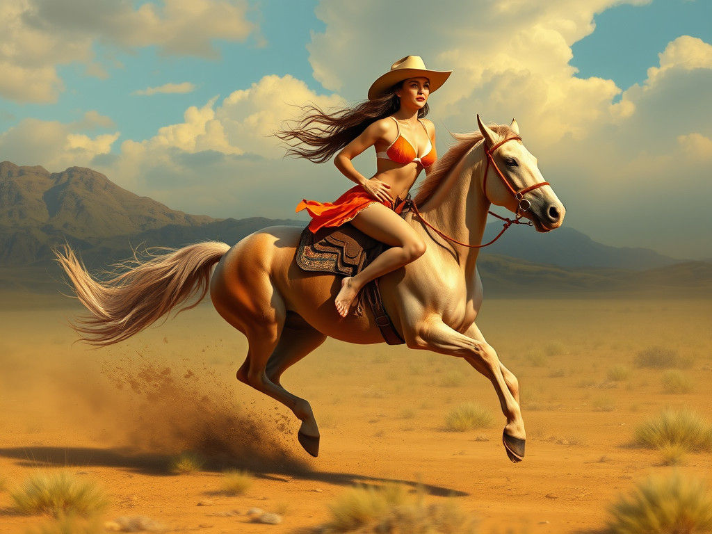 Woman on Horseback in Desert Landscape Painting