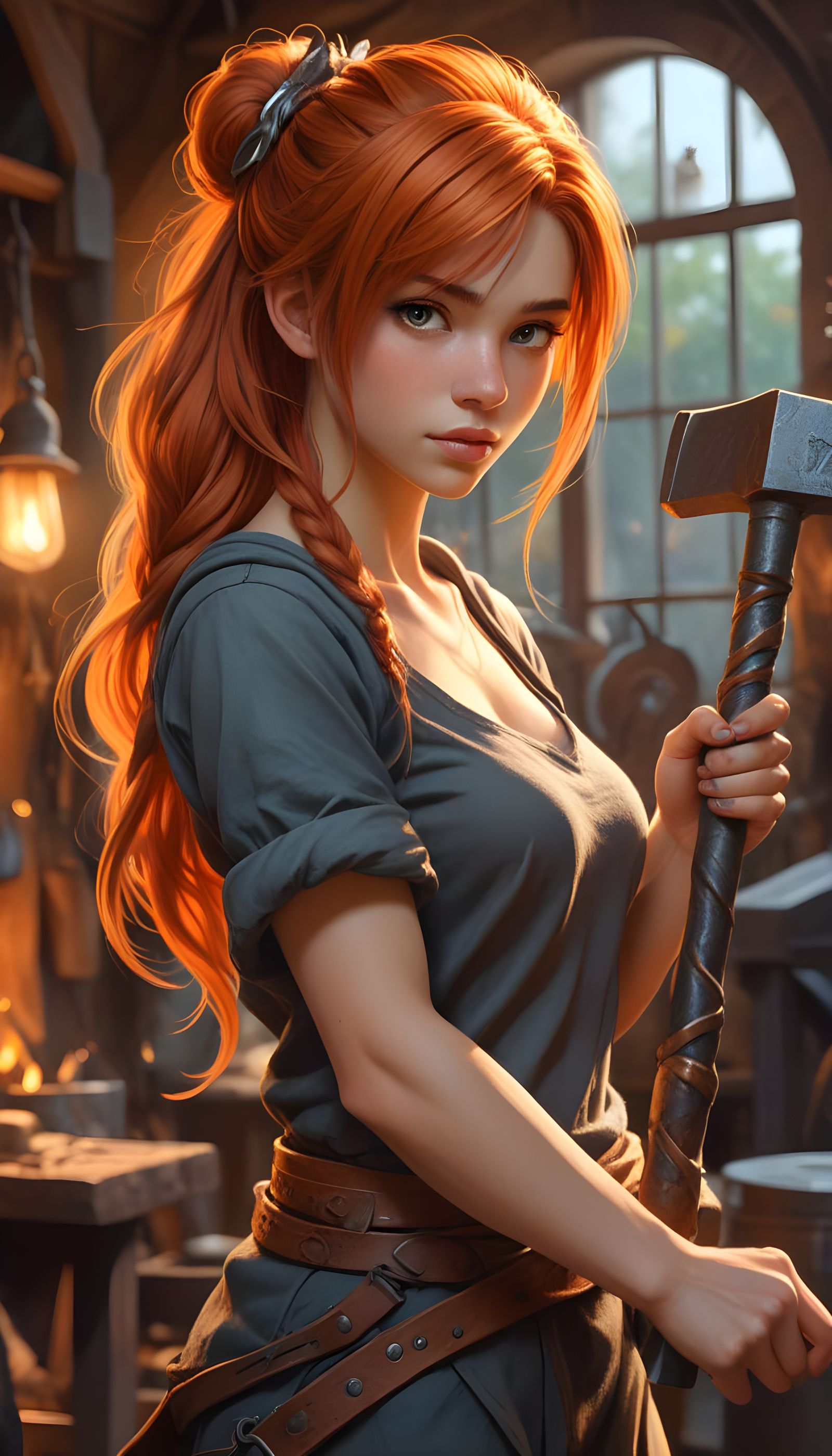 Athletic Anthro-Dragon Girl Blacksmith in Hand Drawn Style