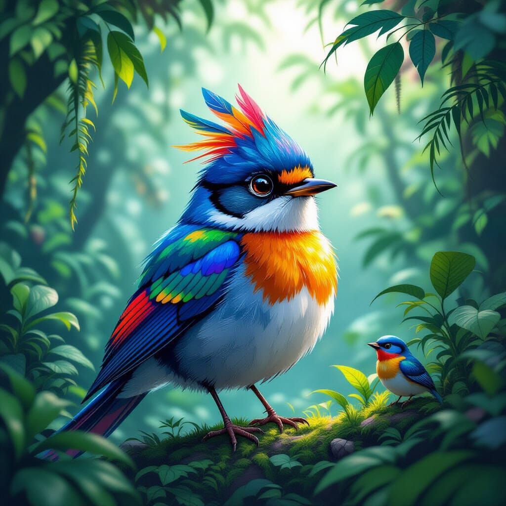 Cartoon Robin in a Vibrant Jungle Oasis
