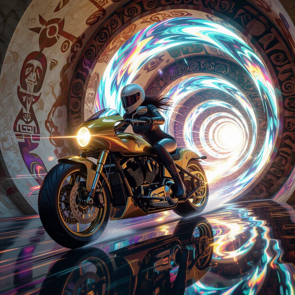 Motorcycle Rider Speeds Through Psychedelic Light Vortexes