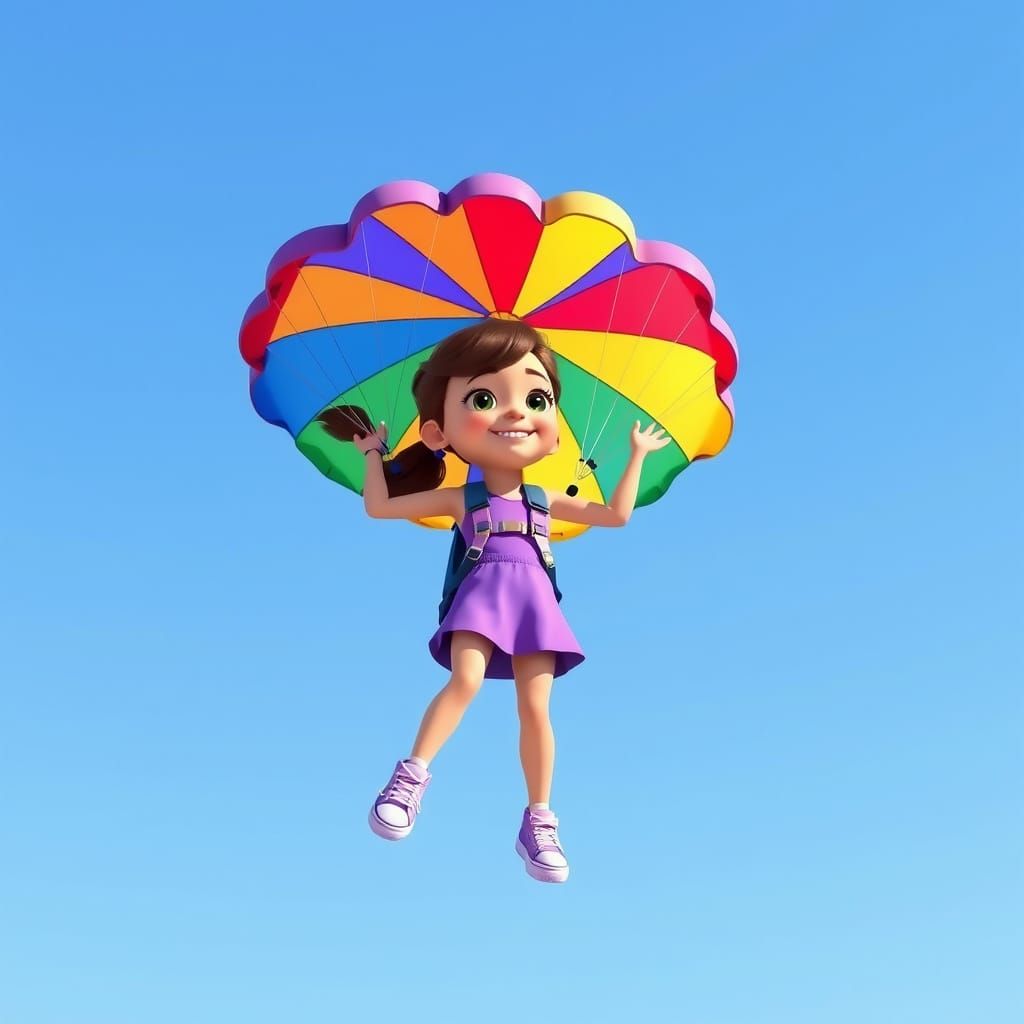 Girl with Striped Parachute in Whimsical 3D Cartoon Style
