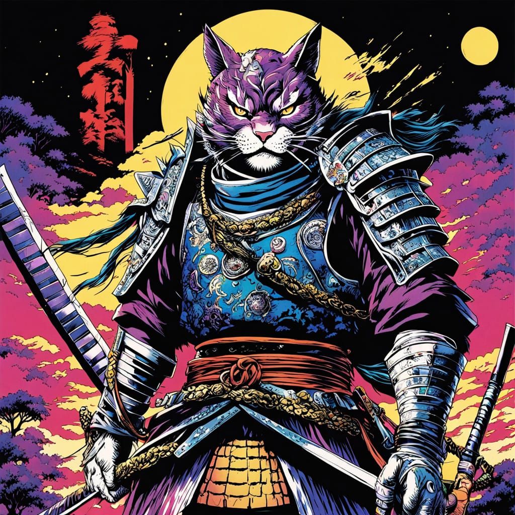 Samurai Cat Warrior in Comic Book Style