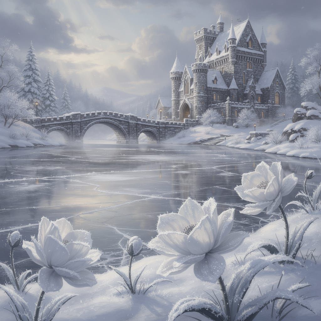 Majestic Snow Castle on Frozen River with Frost Flowers
