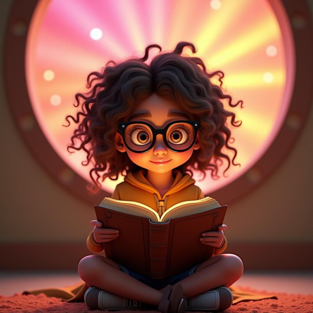 Girl Reading Book in Vibrant 3D Rendered Scene