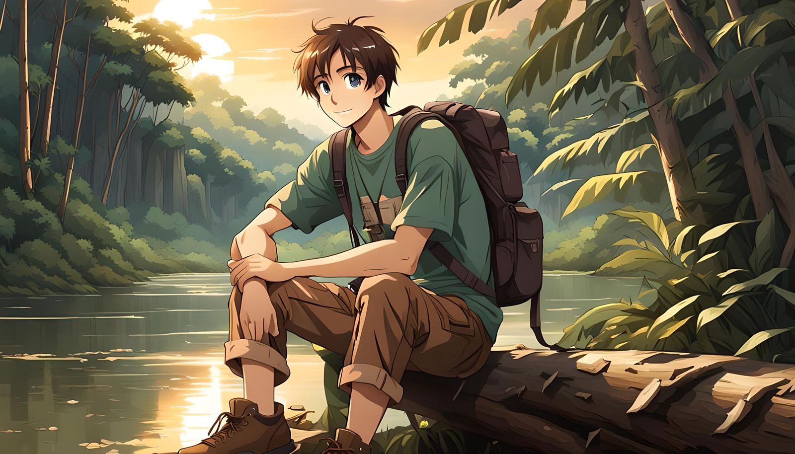 Anime Boy Explorer Sitting on Log at Sunset