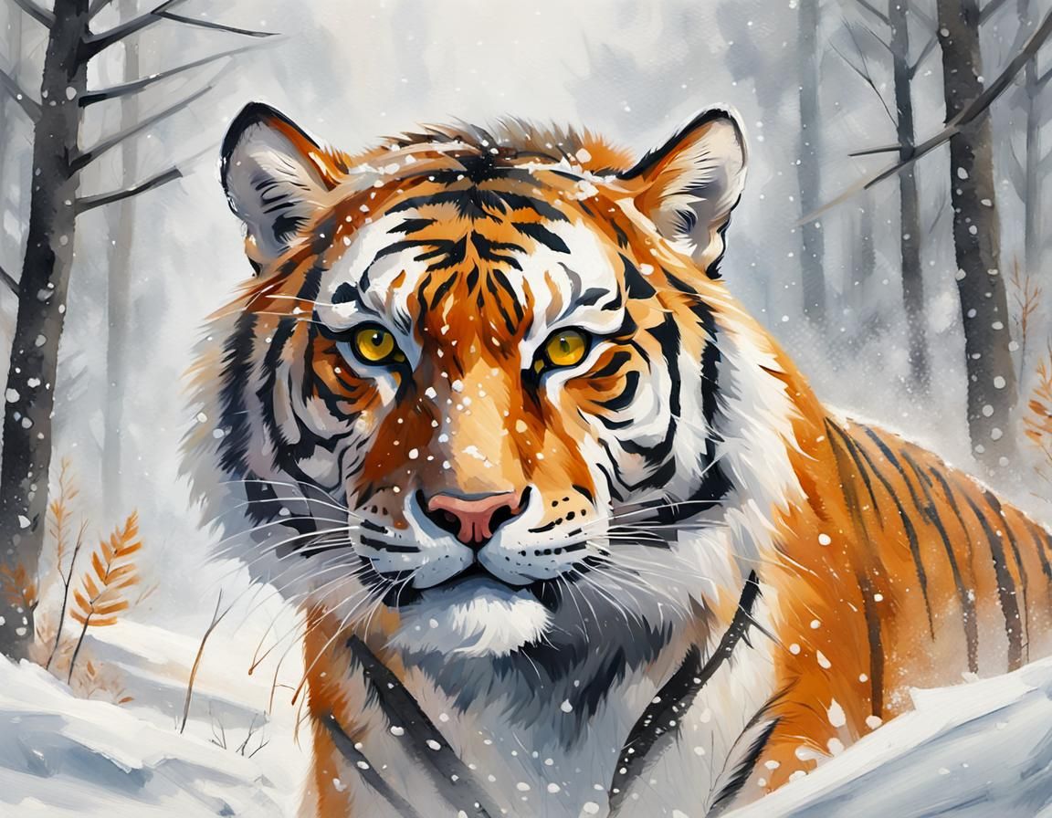Siberian Tiger in Blizzard: Impressionist Gouache Painting