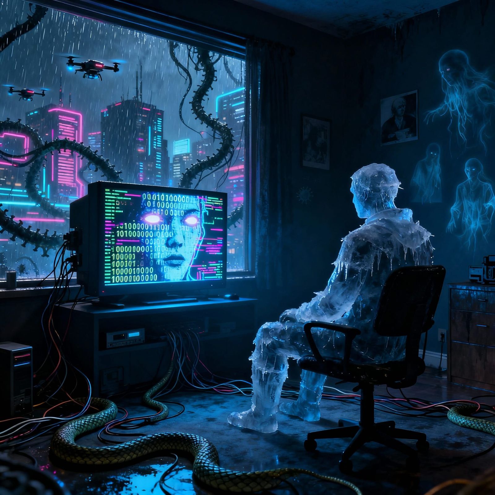 Cyberpunk Figure Watches Digital Ghost in Neon City