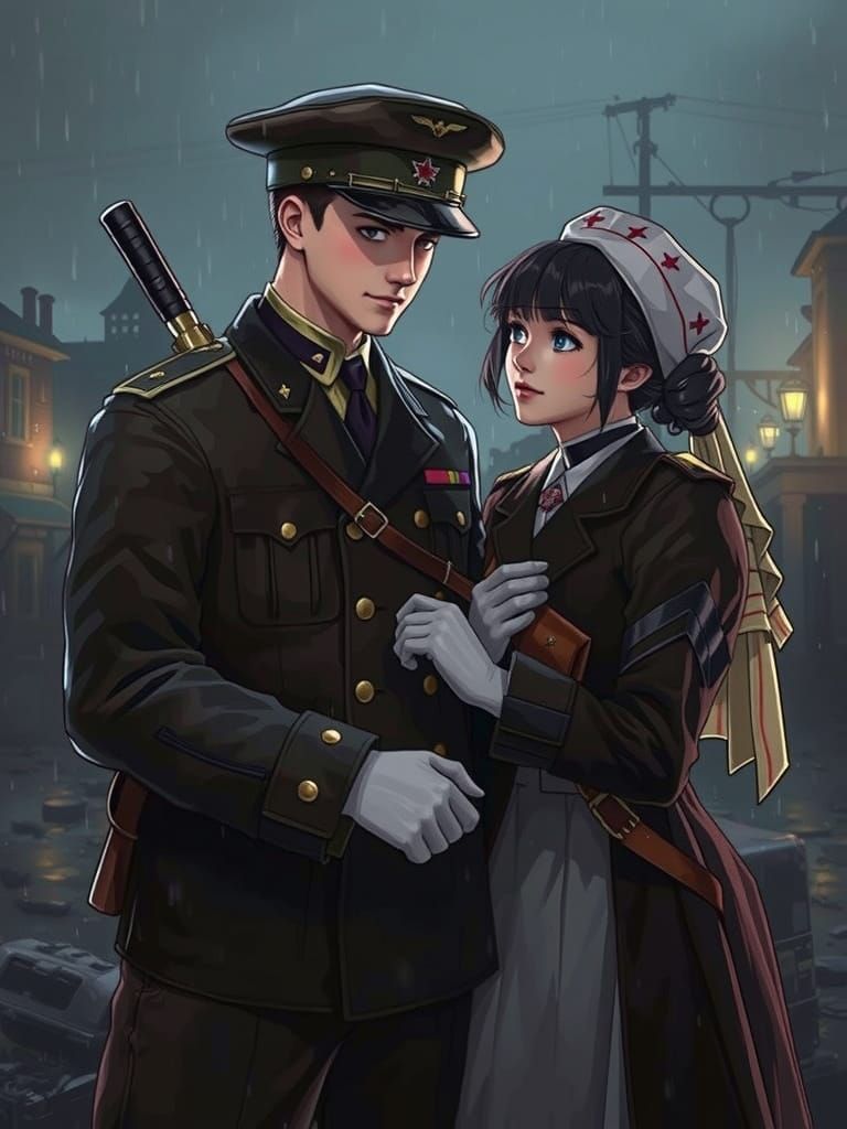 Cinematic World War I Couple Drenched in Rain, Cel-Shaded An...