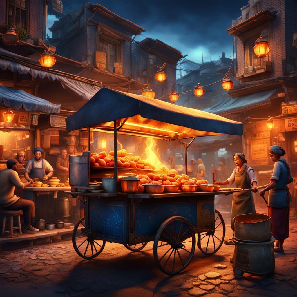 Street Food Vendor in Old Neighborhood, Fantasy Concept Art