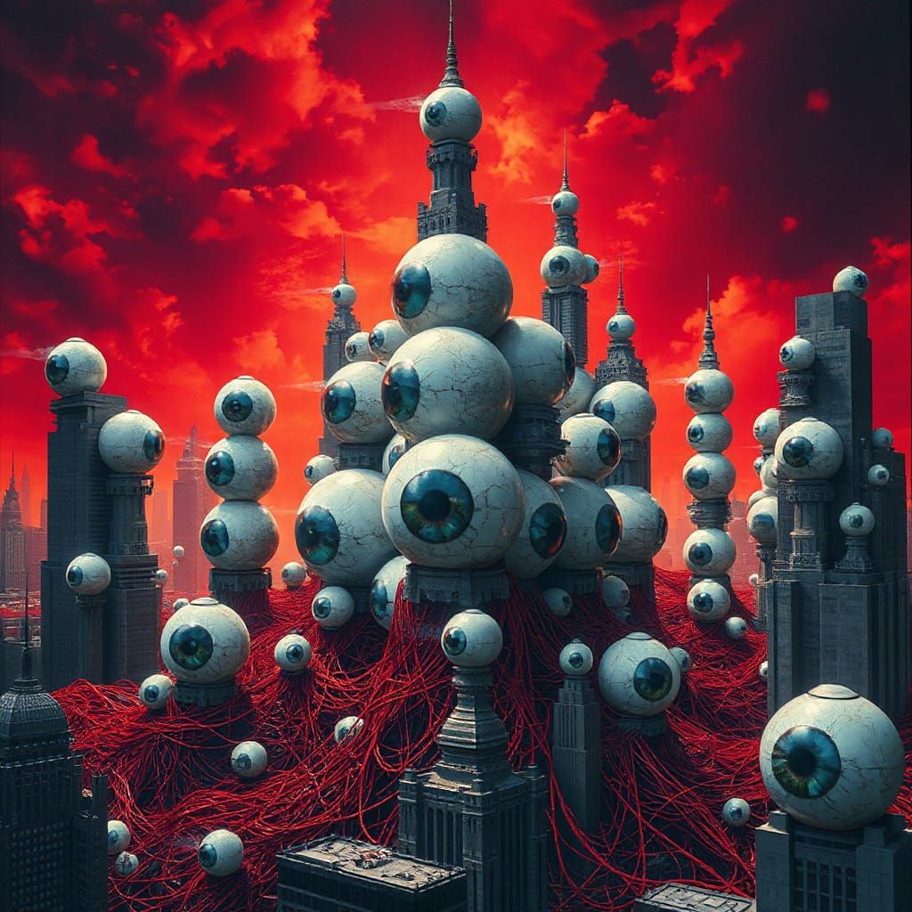 Ethereal Metropolis of Glassy Spheres in a Blazing Crimson S...