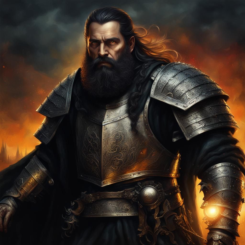 Medieval Man with Black Beard in Dark Fantasy Oil Painting