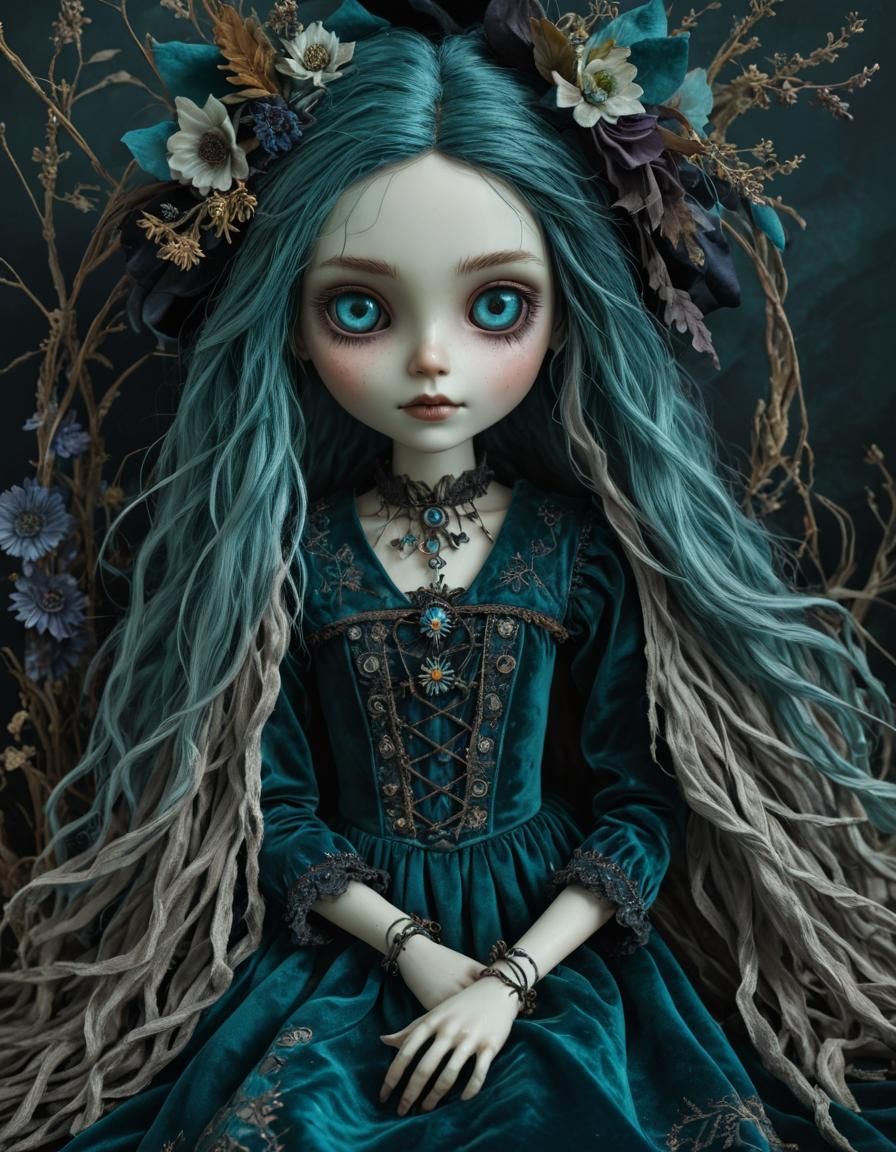 Detailed Witch Rag Doll in Teal Velvet Dress