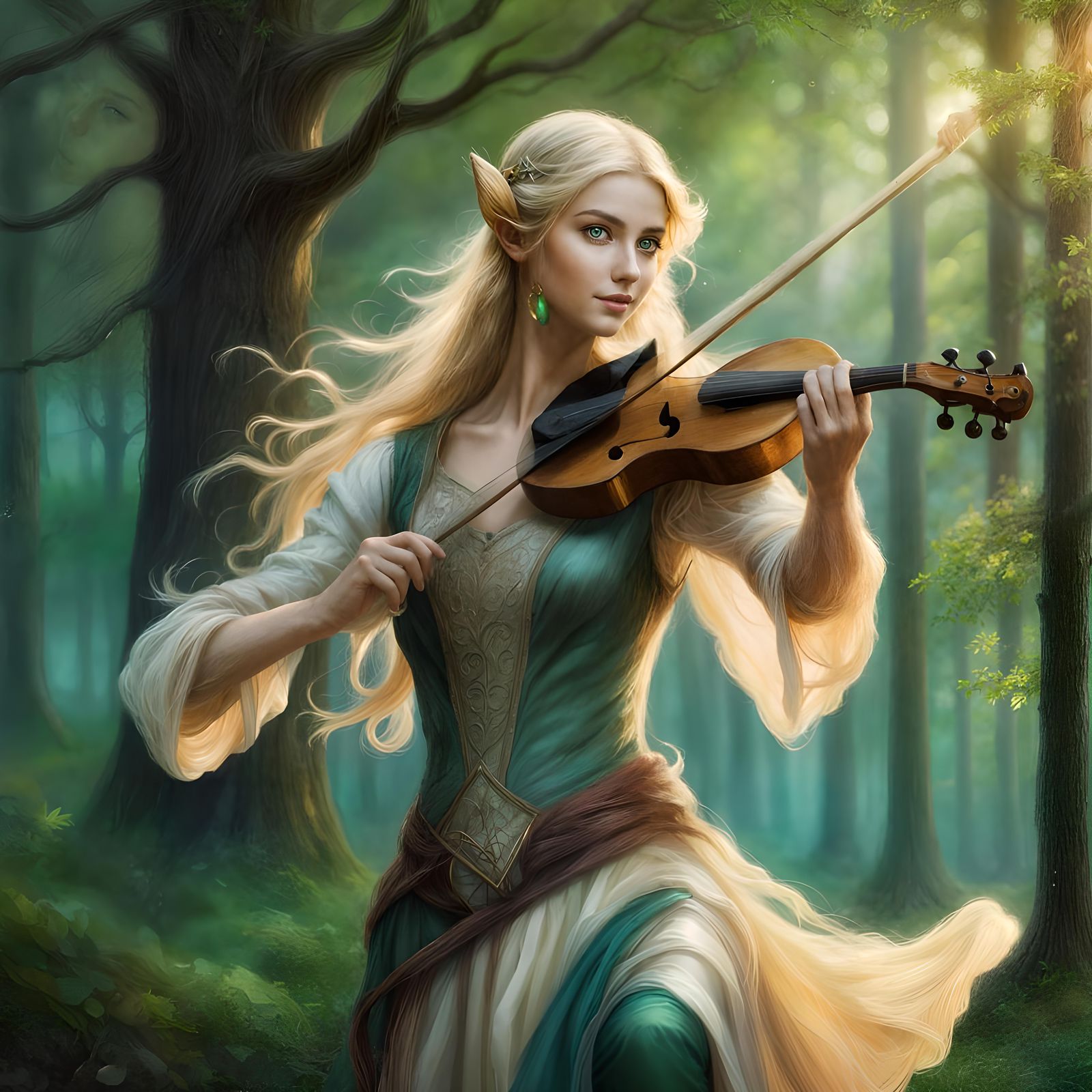 Cheerful Half-Elf Bard in Forest Scene