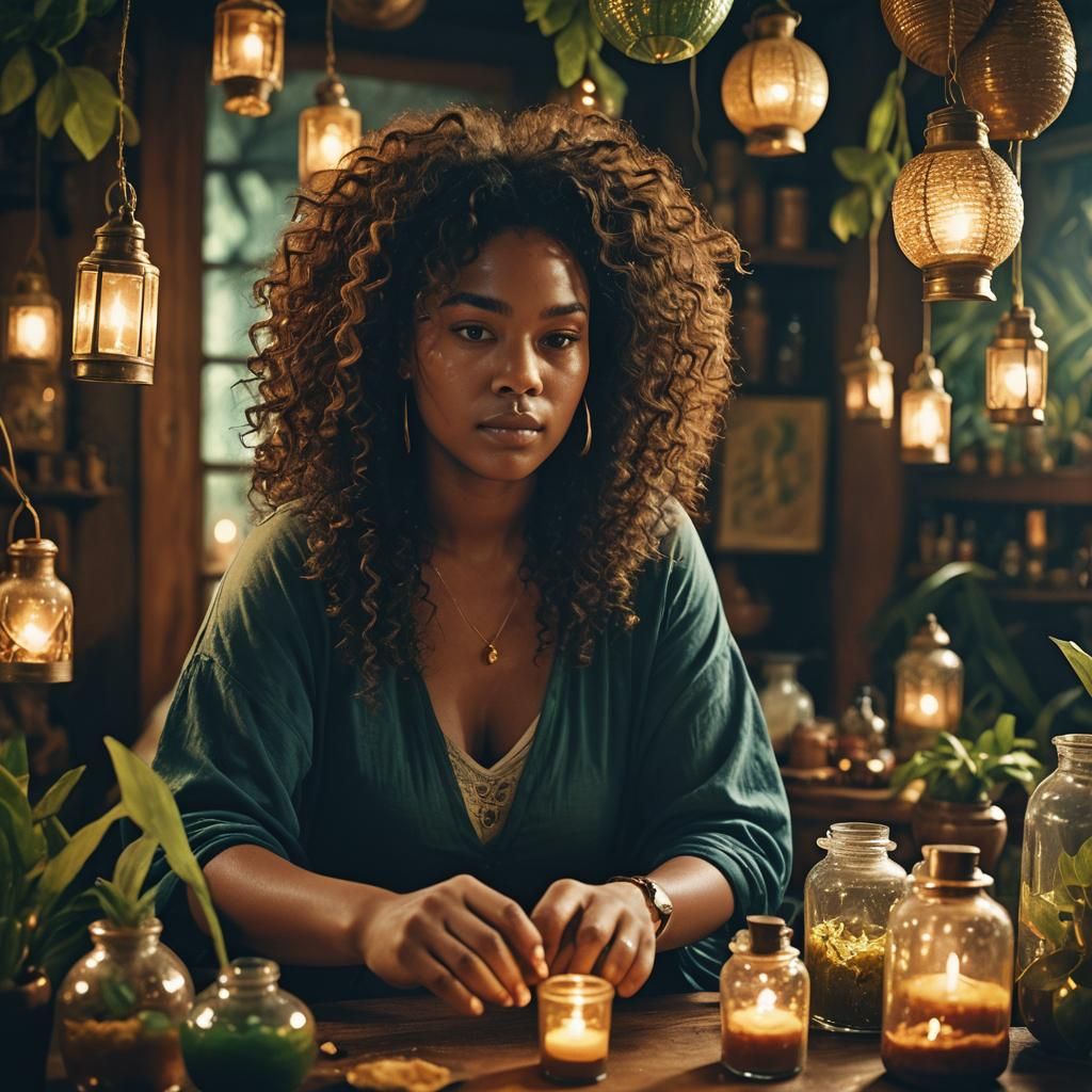 Caribbean Woman Mixing Herbal Potions in Golden Light