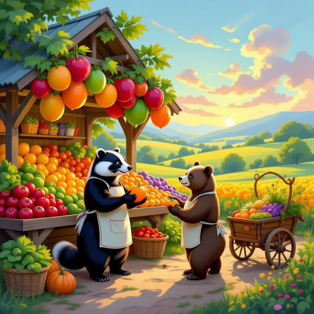 Anthropomorphic Badger Serves Giant Glowing Produce at Farms...