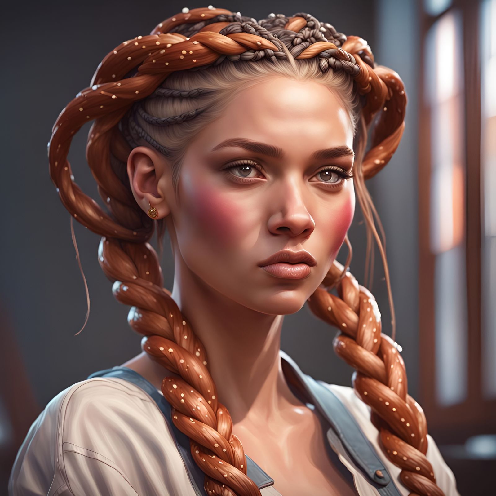 Woman with Pretzel Braid Hairstyle, Detailed Digital Art