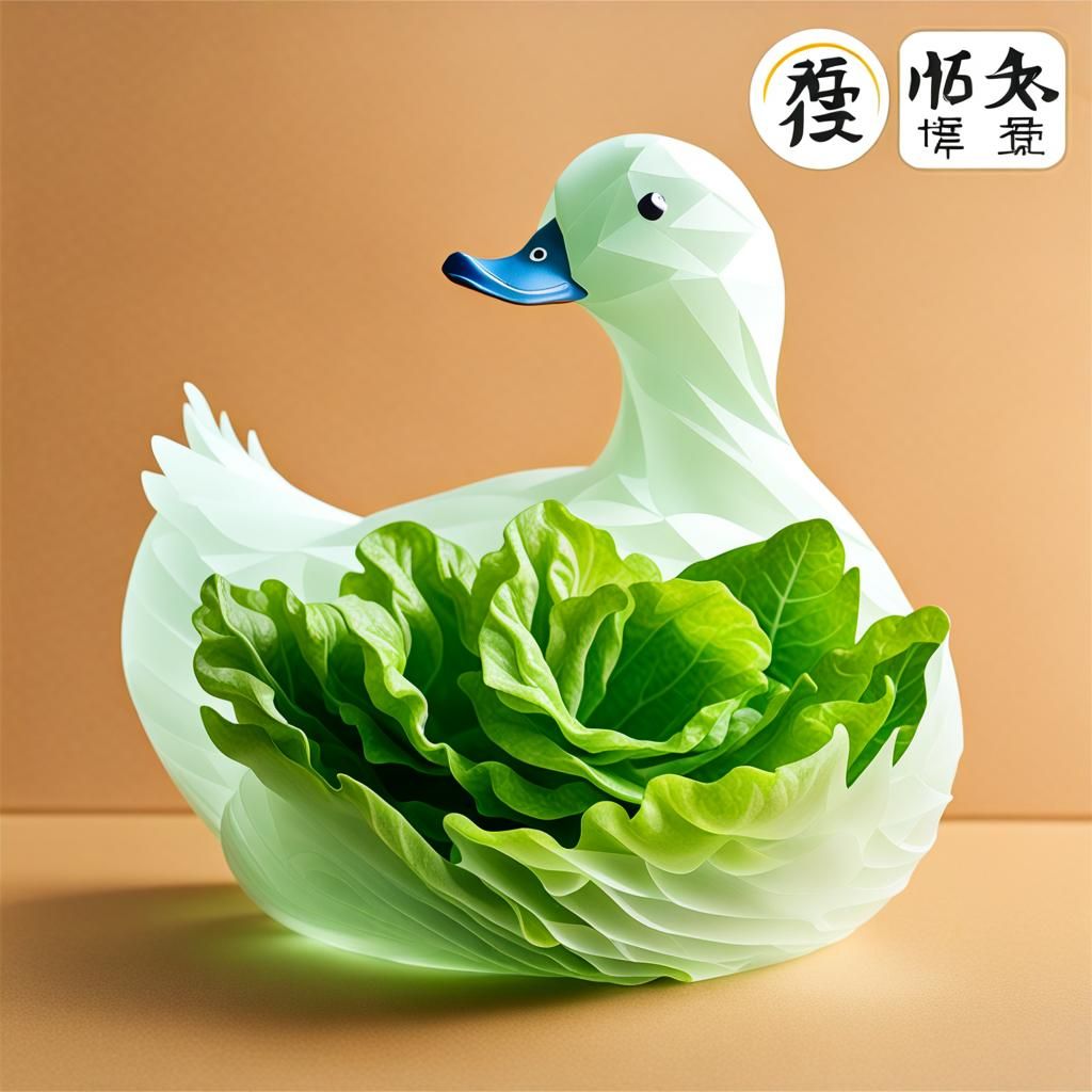 Surreal Translucent Duck Sculpture with Lettuce
