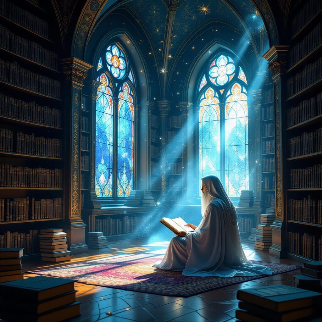 Mystical Library Scene with Meditating Figure