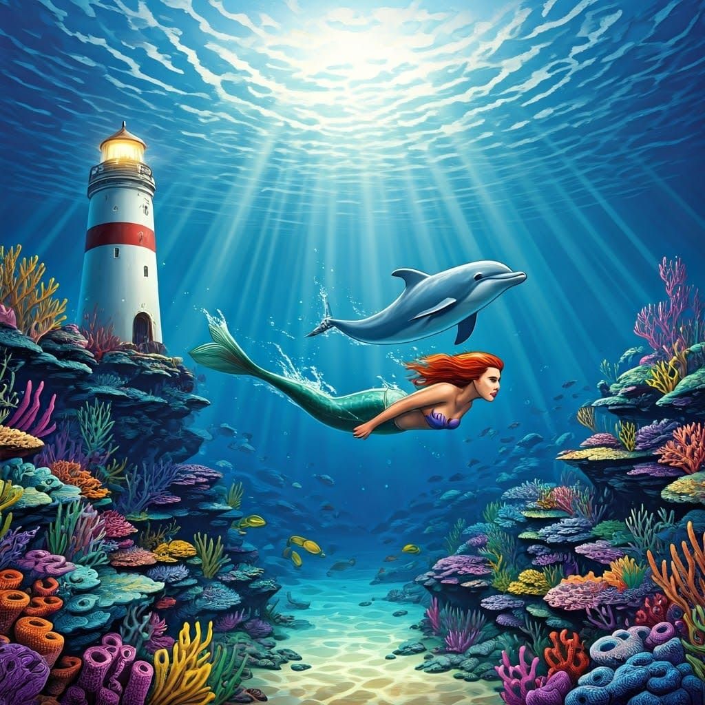 Vibrant Underwater Realm with Mermaid and Dolphin in Coral R...