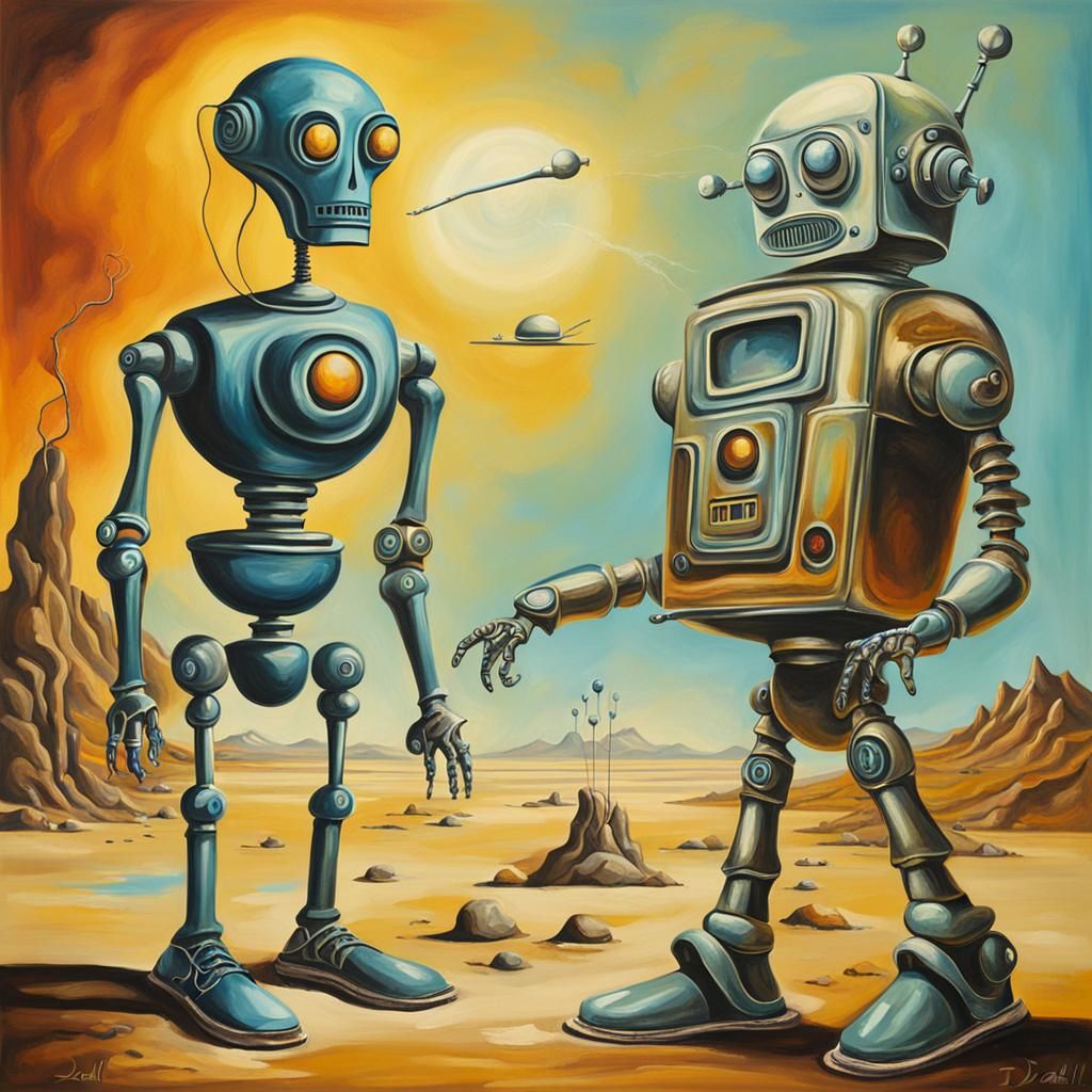 Retro Robot and Alien in Dali Surrealism