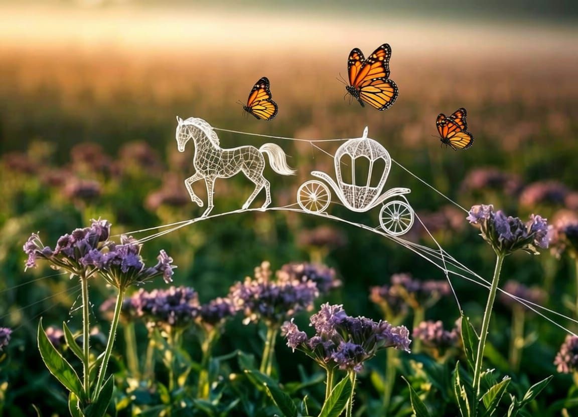 Spiderweb Bridge with Carriage in Morning Mist