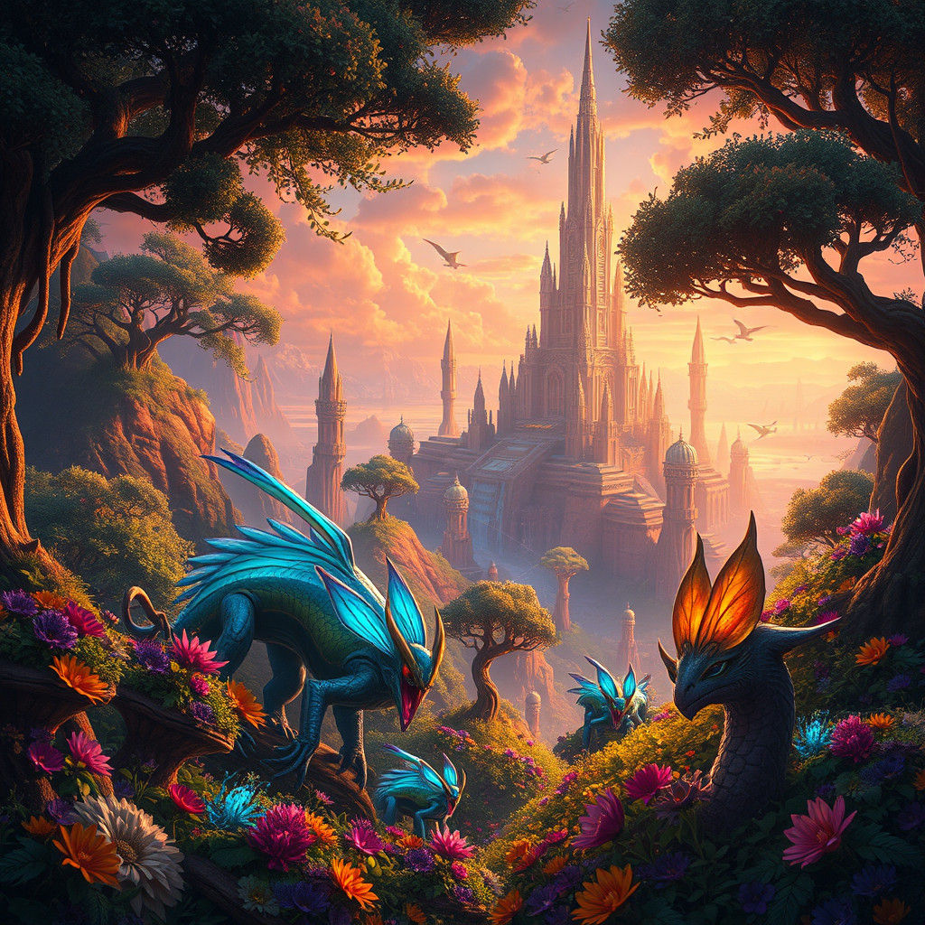 Mystical Creatures in Dreamlike Futuristic Landscape