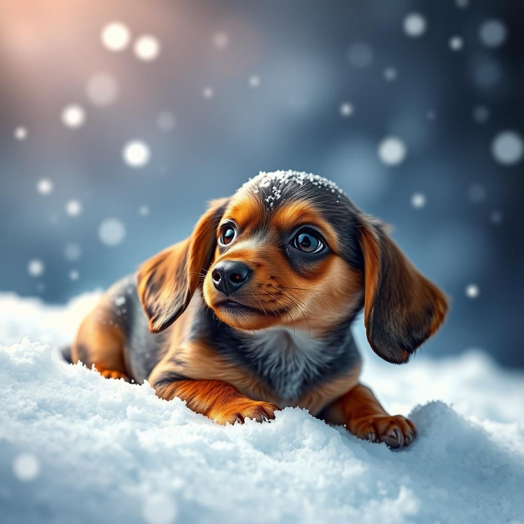 Adorable Dachshund Puppy in Snow: Hyperrealistic Splash Art
