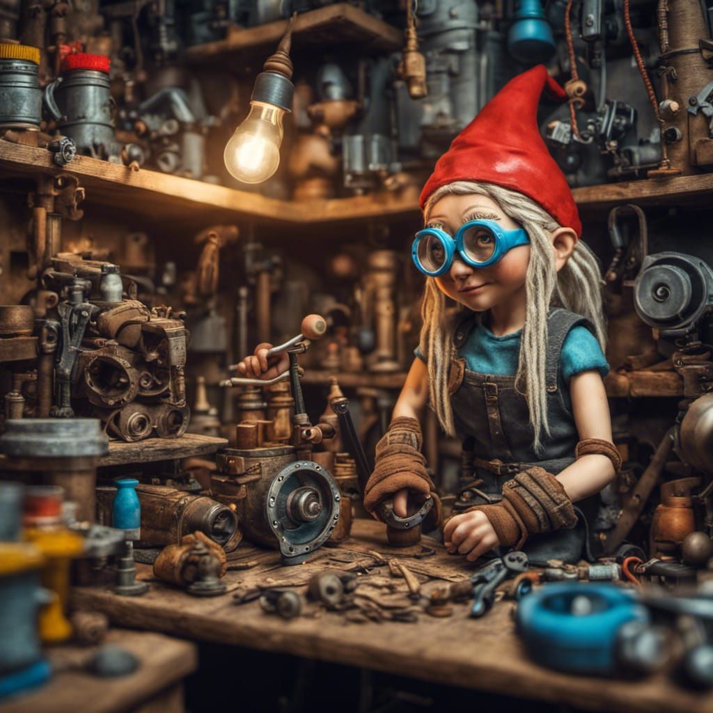 Hyperrealistic Gnome Tinkerer in Workshop