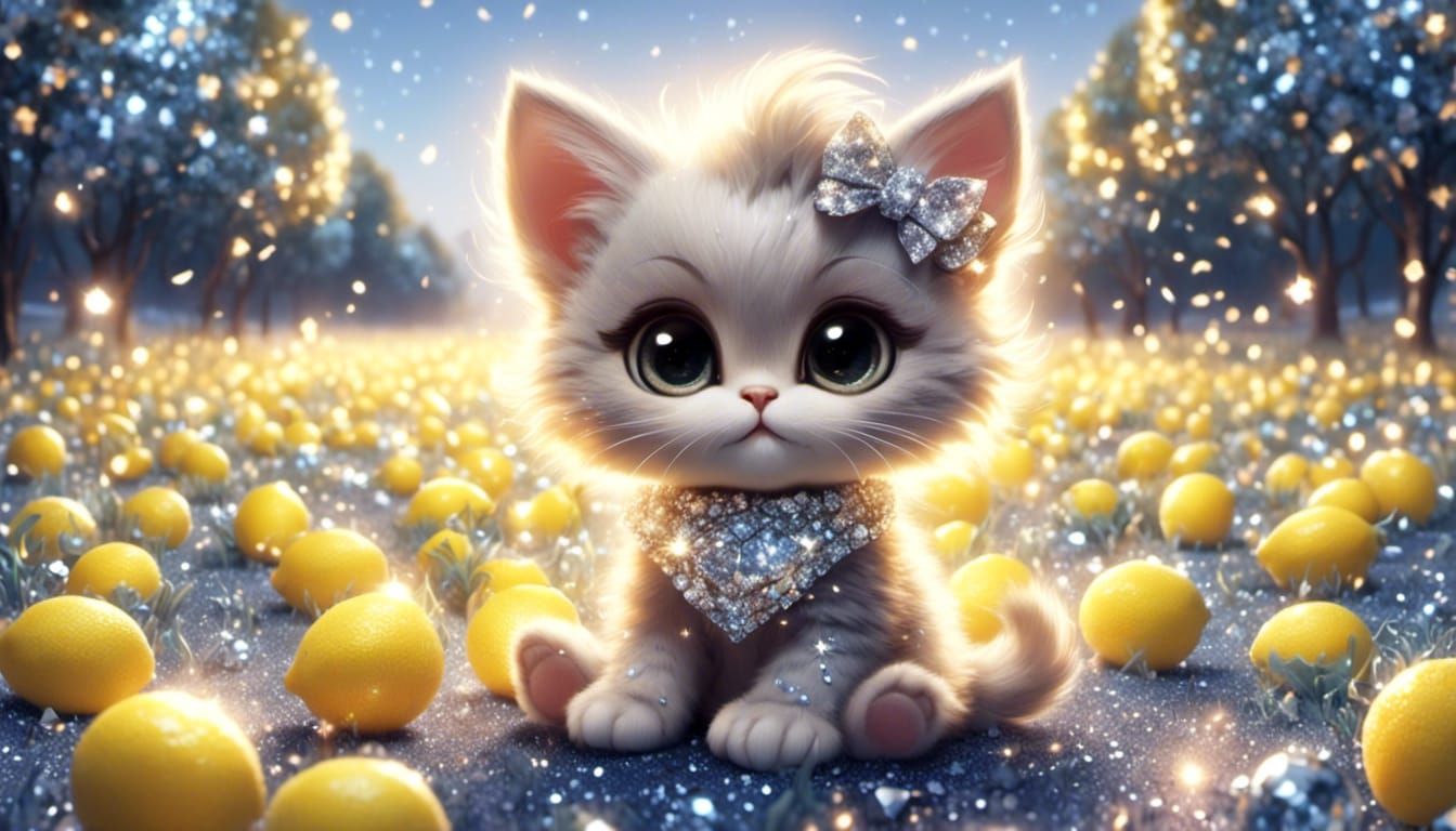 <lora:Glitter and Diamonds:1.0> <lora:SuperHyperrealism:1.0> chibi kitten sitting in lemon grove sparkle glimmer