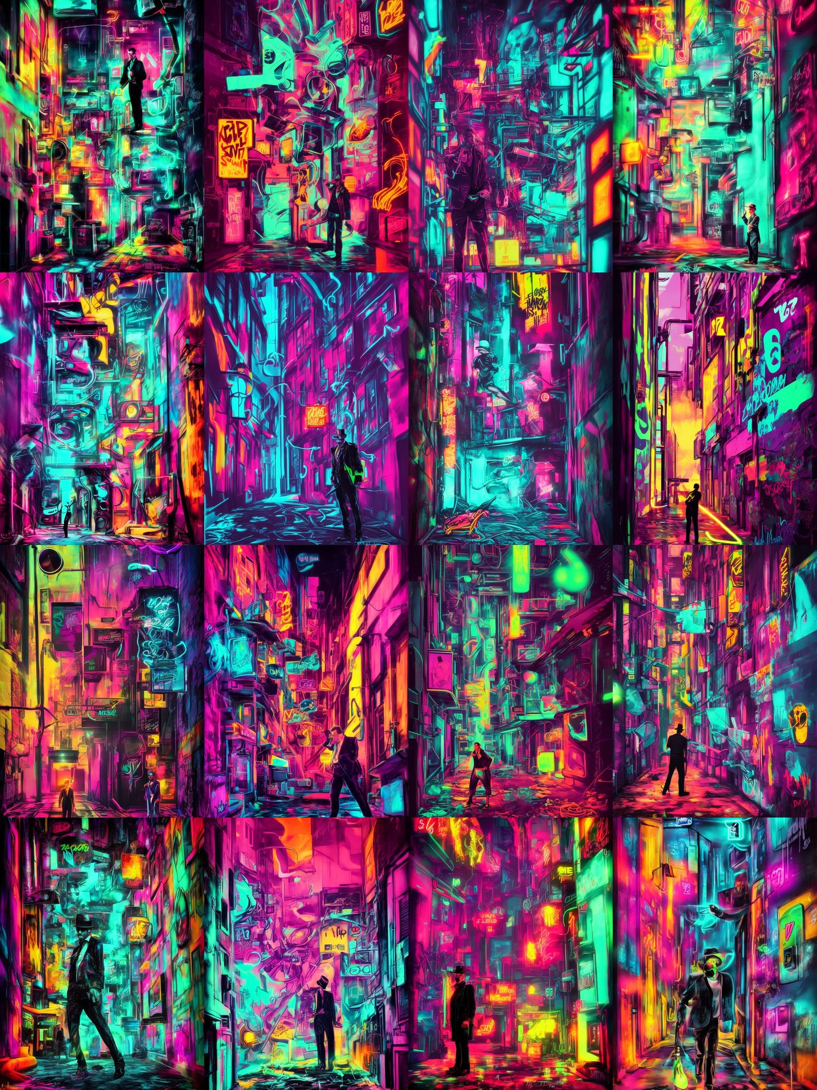 Neon Noir Detective in Synthwave Graffiti Alley