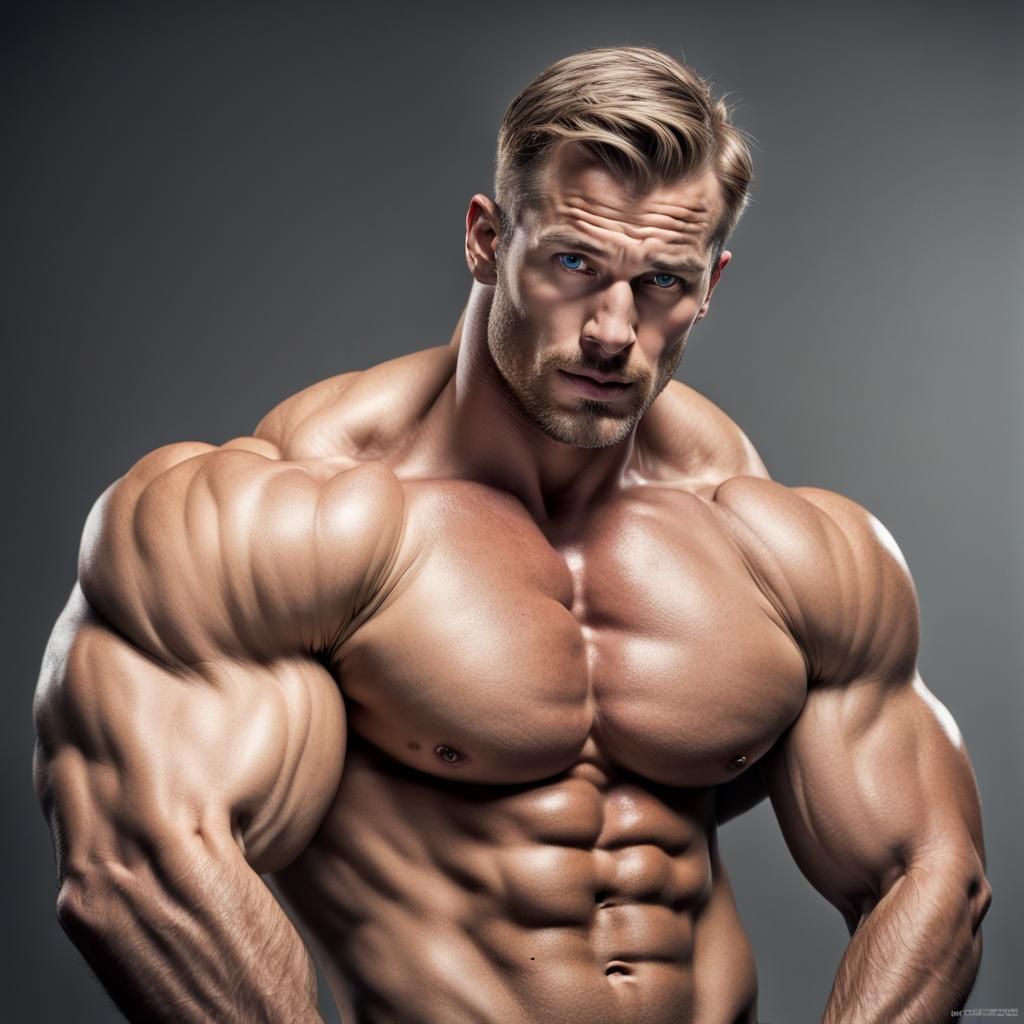 Massive Bodybuilder Flexing Shirtless, Professional Portrait