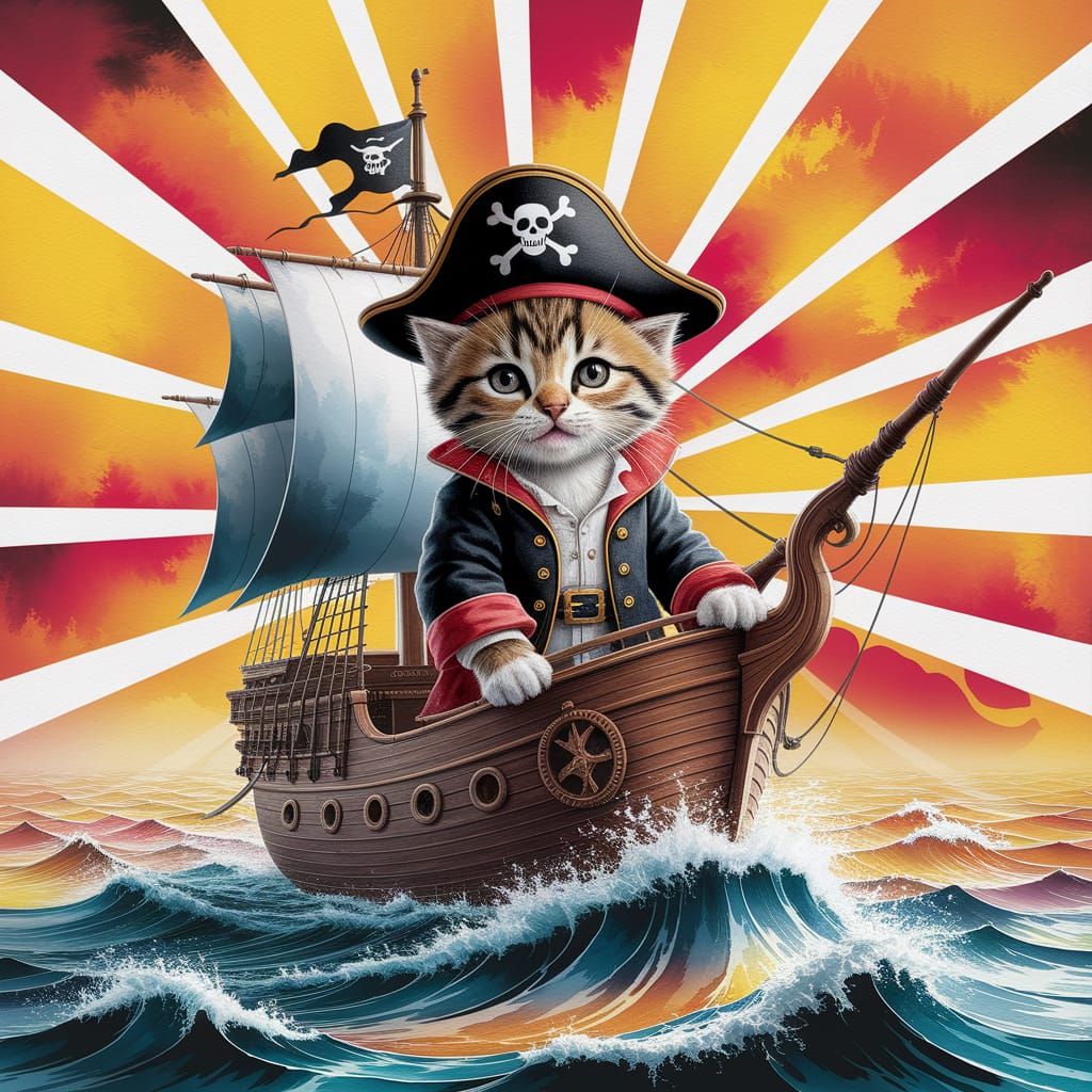 Kitten Pirate Captain on Stormy Seas as Watercolor Art