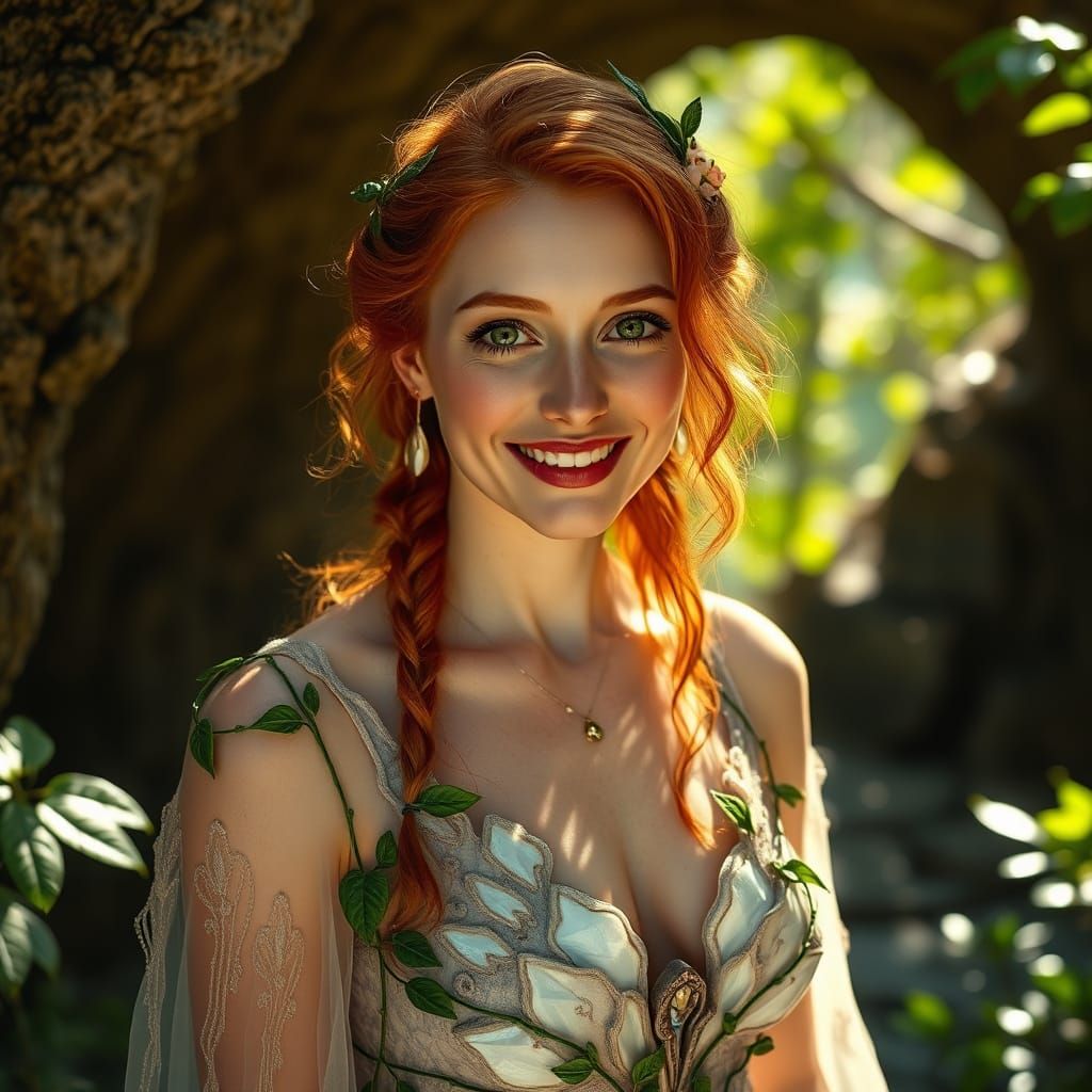 Radiant Woman in Crystal Dress: Hyperrealistic Grotto Scene