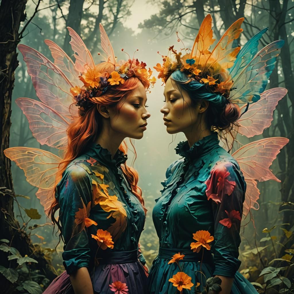 Psychedelic Fairy Double Exposure in Colorful Silhouette