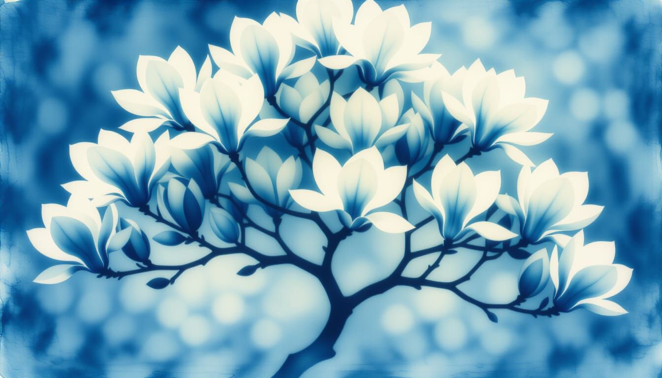 Ethereal Cyanotype Magnolia Blossom Tree