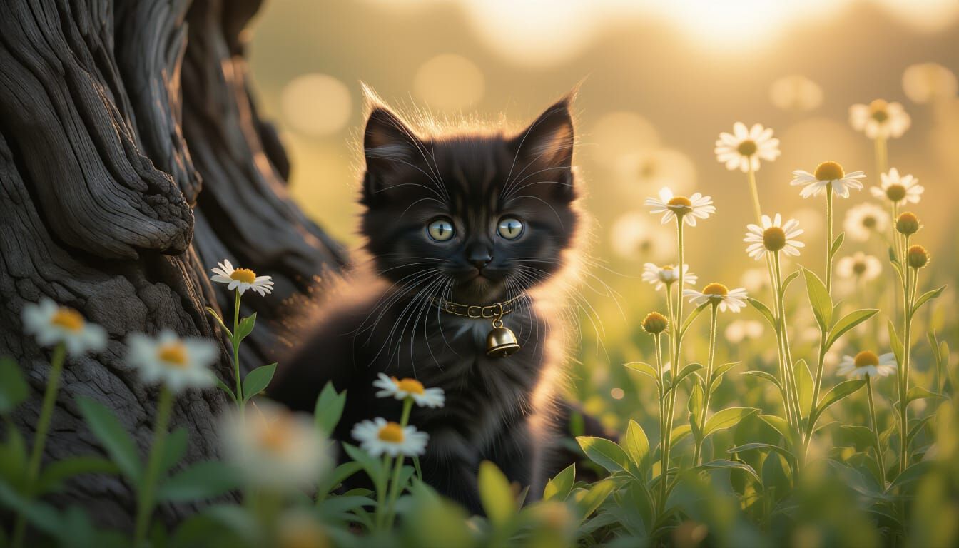 Fluffy Black Kitten in Wildflower Meadow