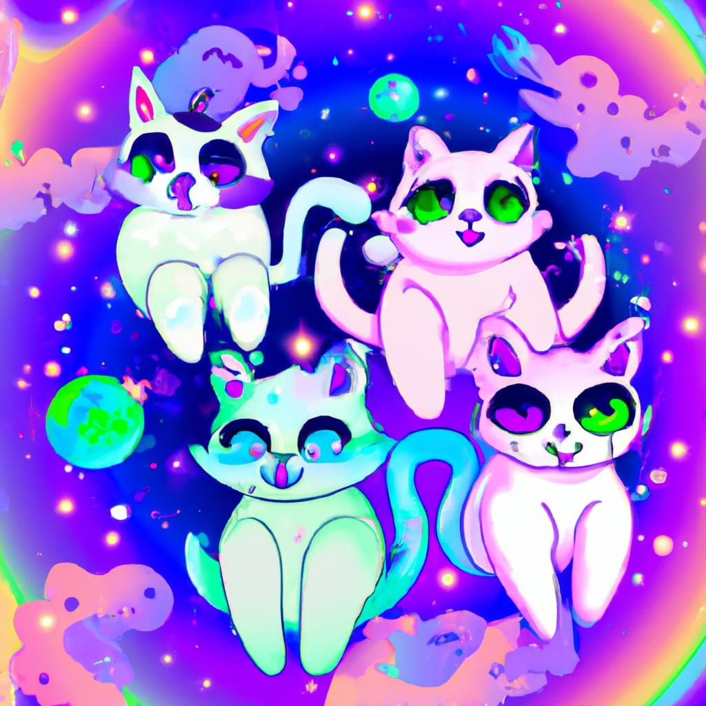 Cartoon Cats in Psychedelic Vaporwave Space