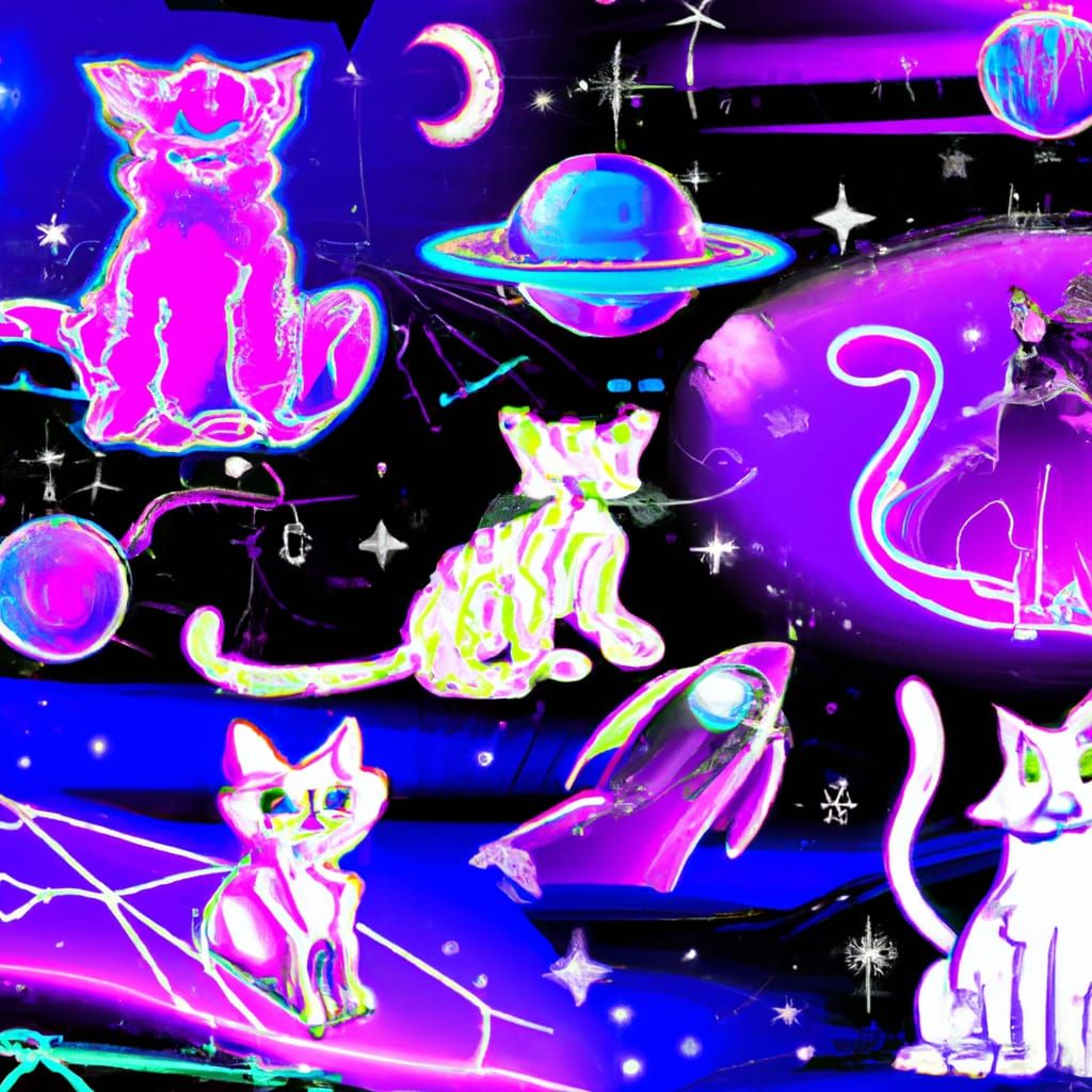 Cartoon Cats in Space: Vaporwave Neon Dream