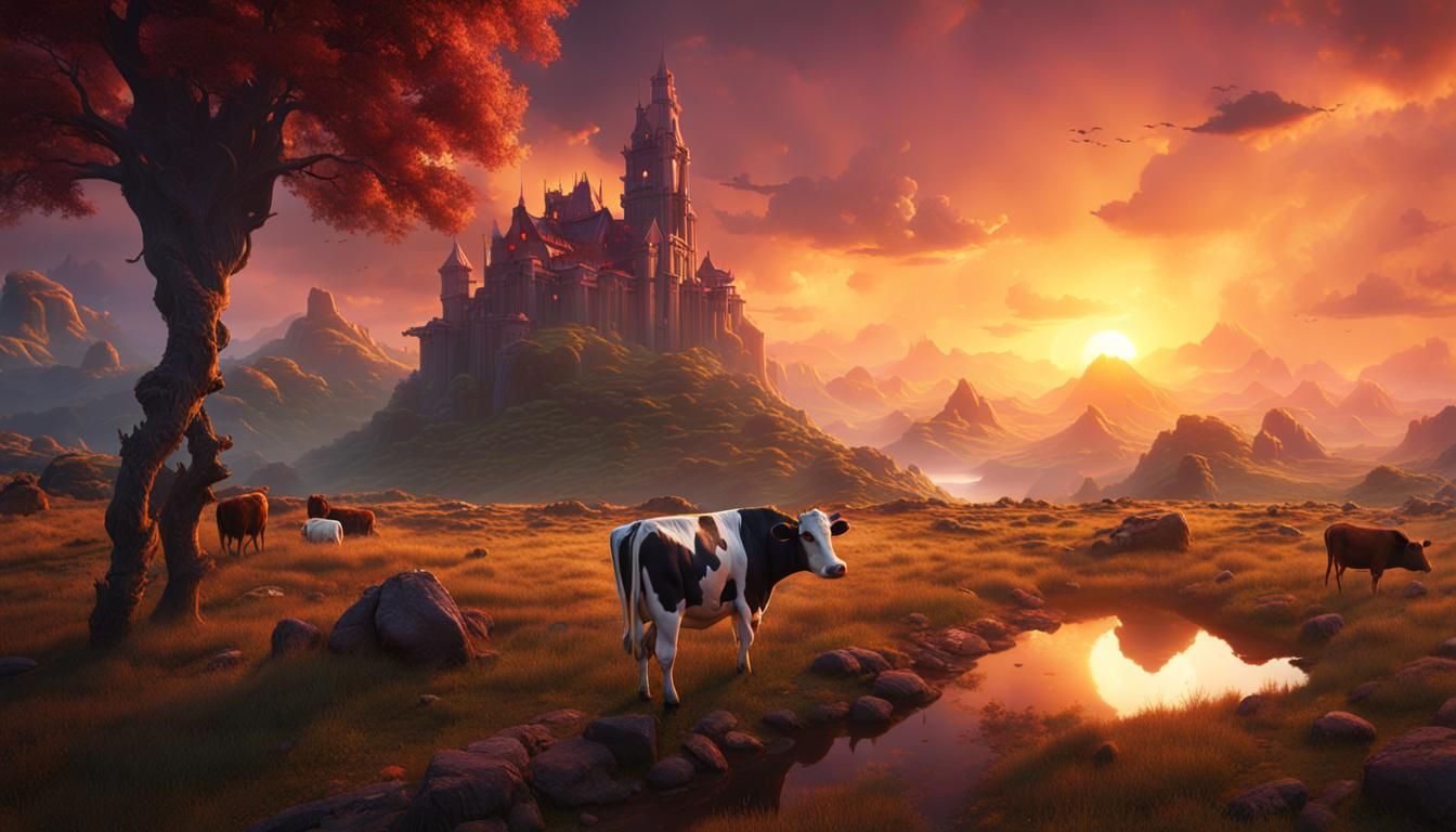 Cow Abduction in Sunset Landscape: Fantasy Concept Art