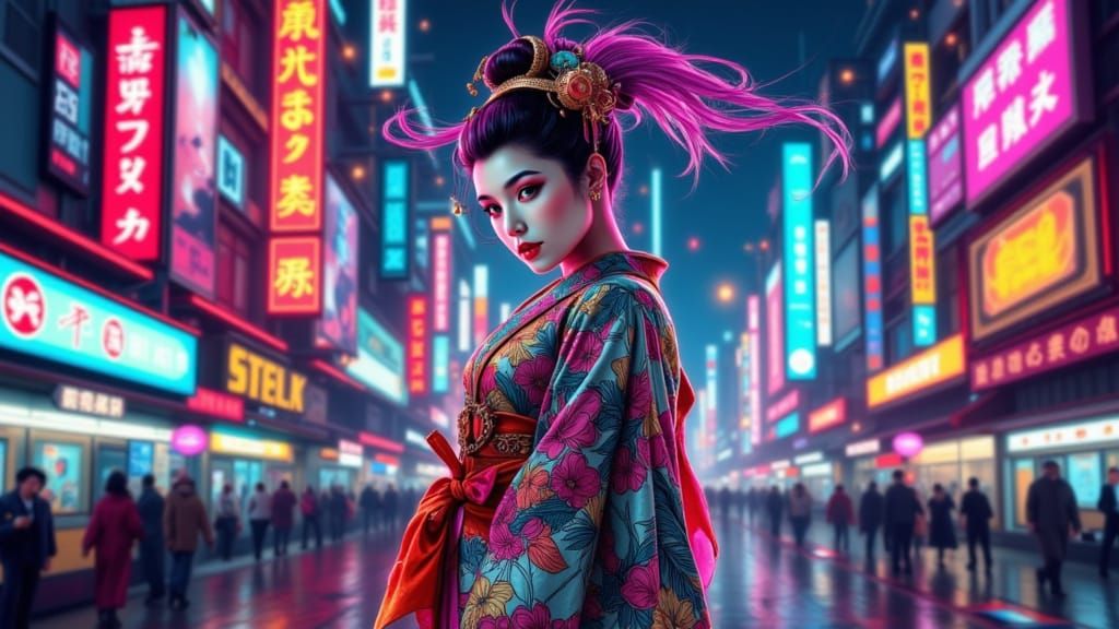 Cyberpunk Geisha with Neon Tattoos and Fiber Optic Kimono