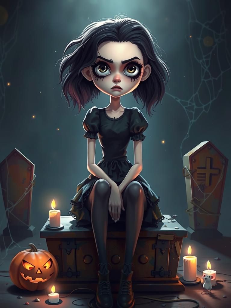 Tim Burton's cartoon Style, A young girl of the European race sitting on a coffin with his legs wide apart, a sad and ti...