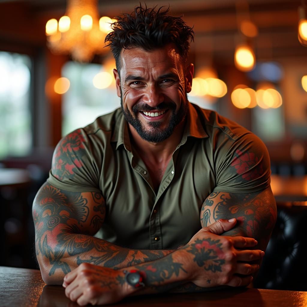 Hyper-Masculine Bodybuilder in a Bistro