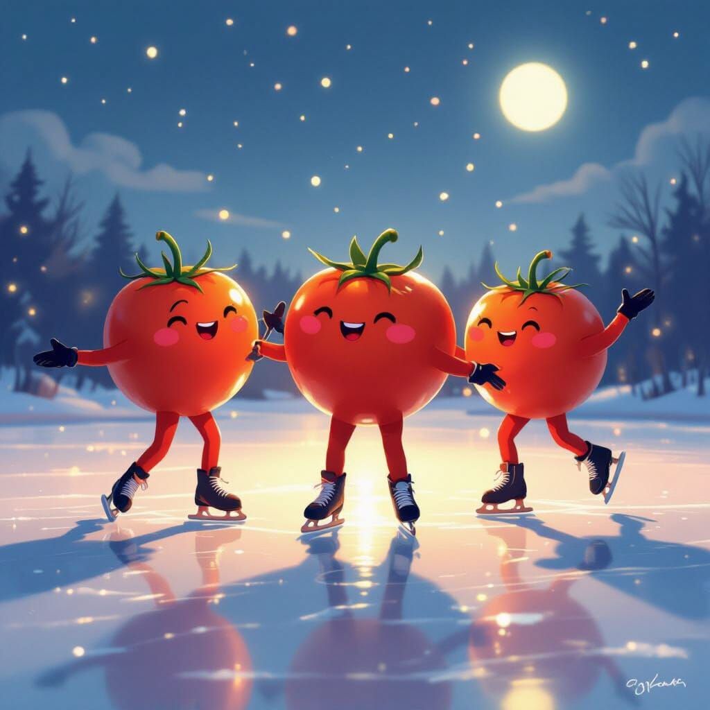 Anthropomorphic Tomato Ice Skaters Dancing at Dusk