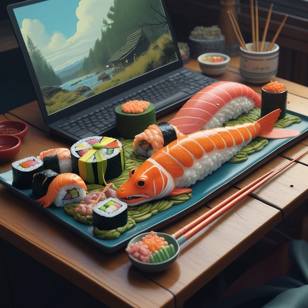 Vibrant 3D Sushi Sculpture Coiled Around Hand-Painted Plate