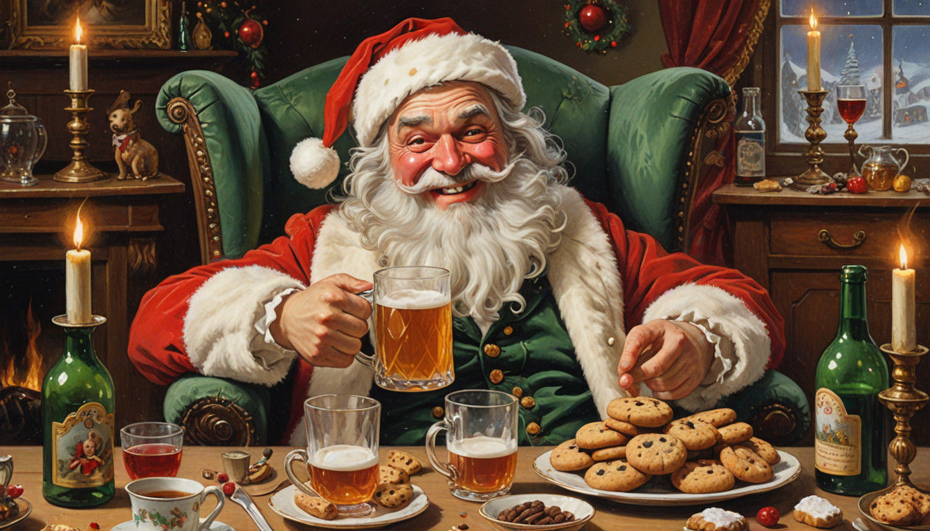 Surreal Victorian Gentleman in Santa Outfit, Tipsy with Beer