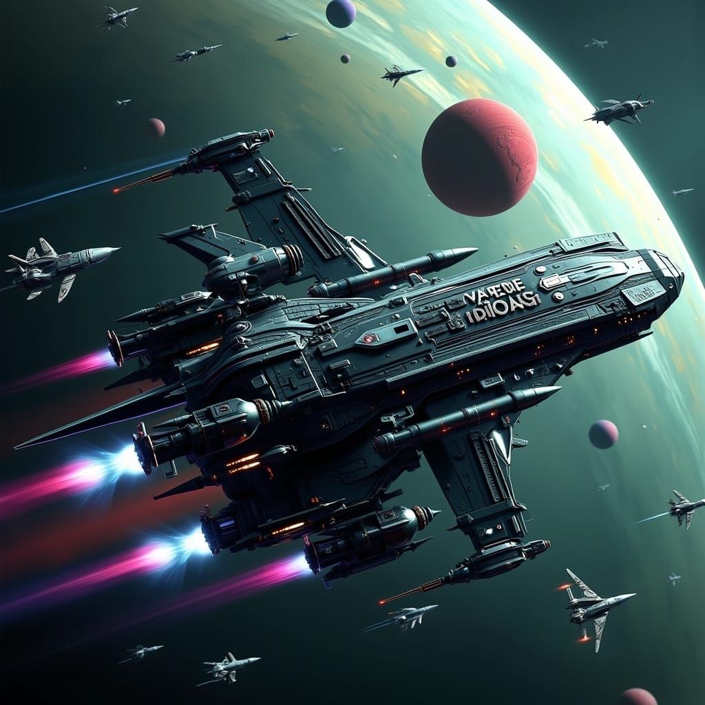 Gigantic Dagger Spaceship Orbits Ringed Planet