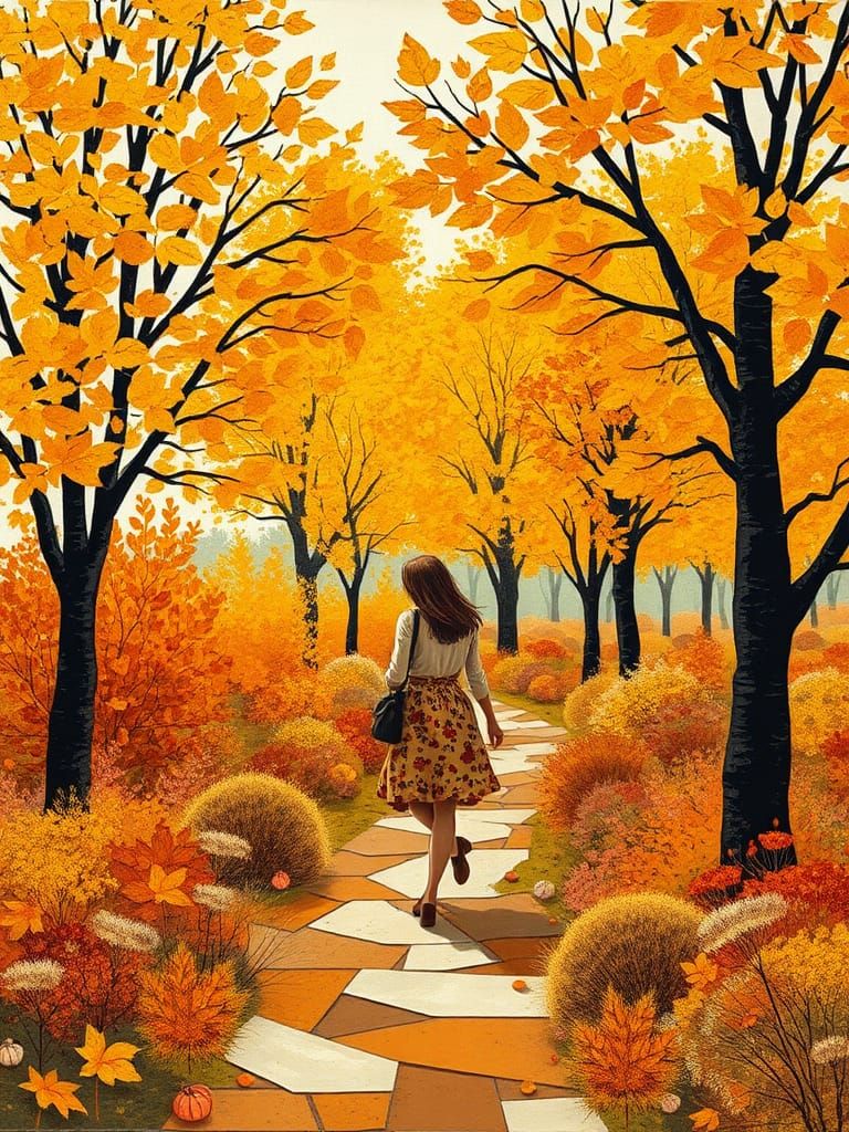 Autumn Garden Stroll in Paper Collage Style