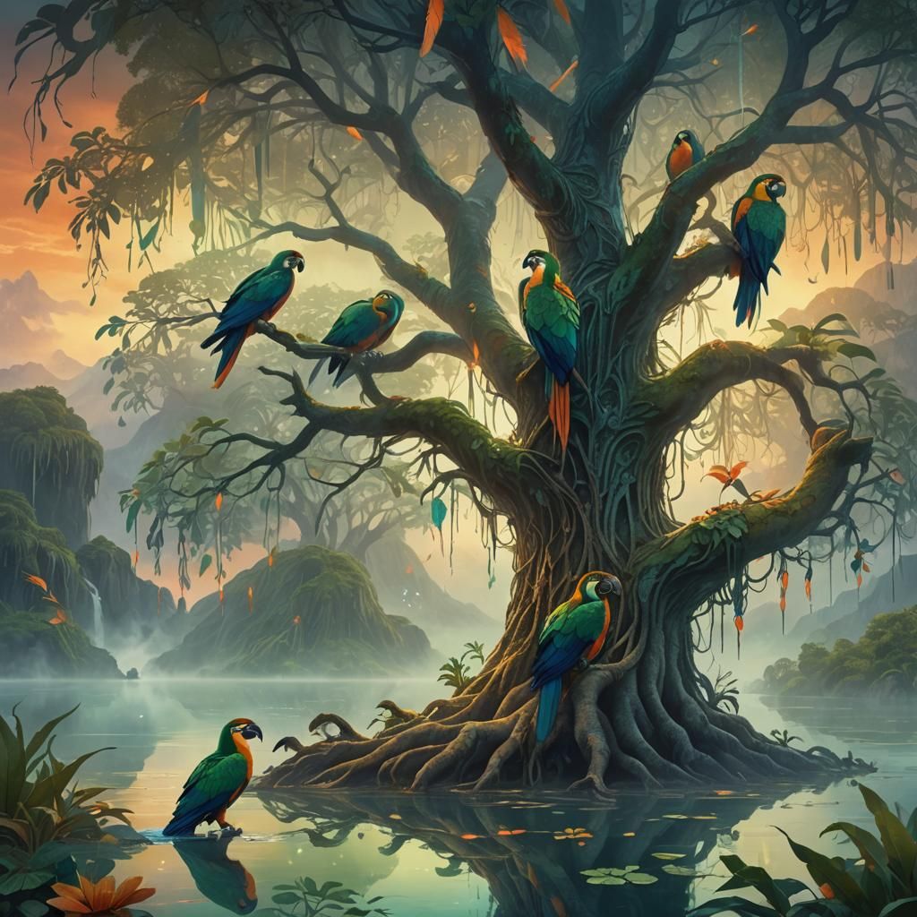 Mystical Macaws in Fantasy Landscape: Digital Art