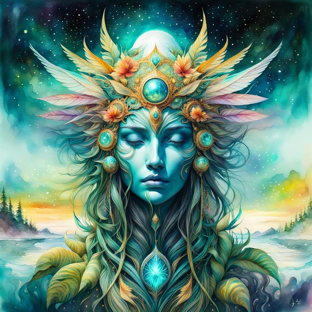 Fantasy Creature in Summer Landscape: Digital Watercolor Ill...